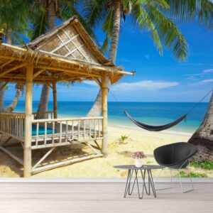Fototapet Peisaj Tropical 04 - Hamac si casuta pe plaja - Tapet 3D ideal pentru casa ta