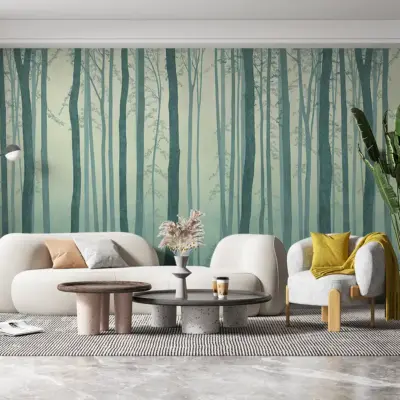 Fototapetul 'Pădurea Infinită - Verde Pal' aduce în casa ta o incursiune abstractă și relaxantă în lumea naturii.