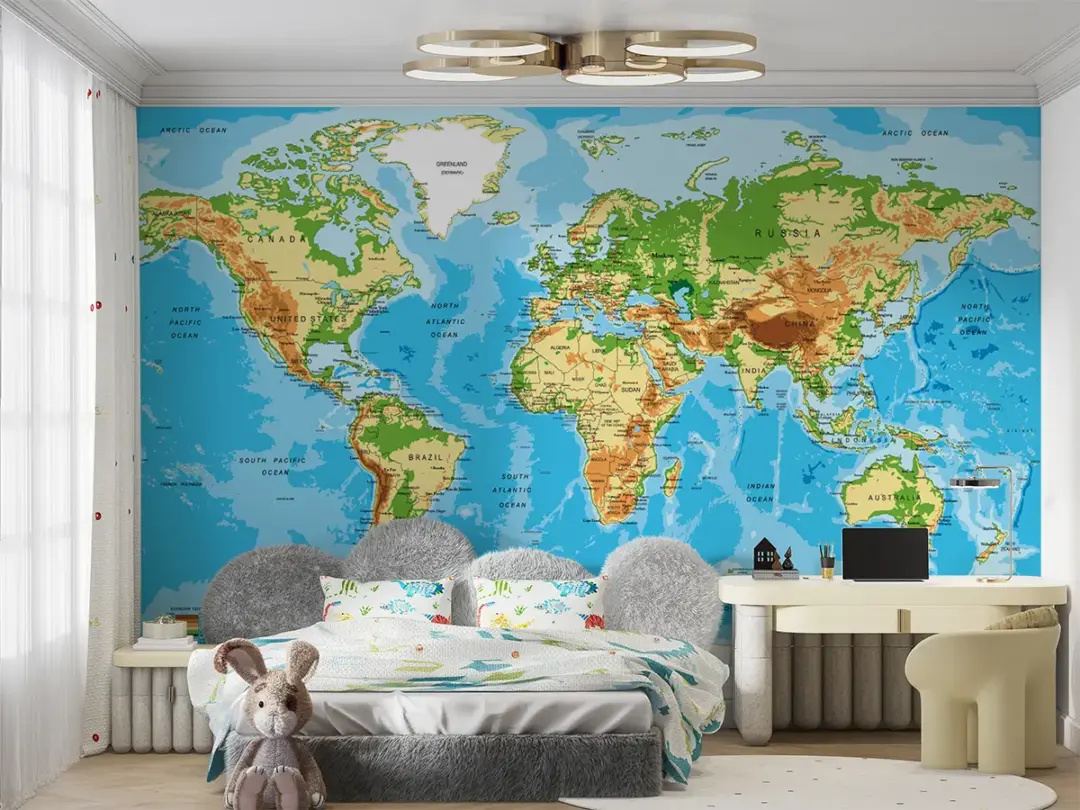Fototapetul cu harta fizică a lumii este o piesă deosebită care aduce în casă o perspectivă detaliată asupra reliefului global.