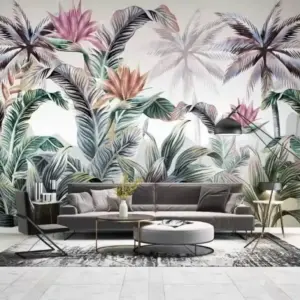 Living Tapet 3D Palmieri si Flori Inconjurate de Frunze