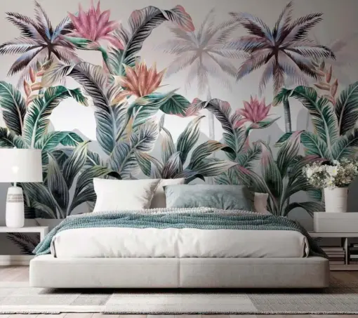 Dormitor Tapet 3D Palmieri si Flori Inconjurate de Frunze
