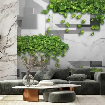 Living Tapet 3D plante printre Blocuri de Marmura