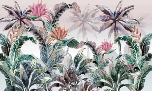 Tapet 3D Palmieri si Flori Inconjurate de Frunze