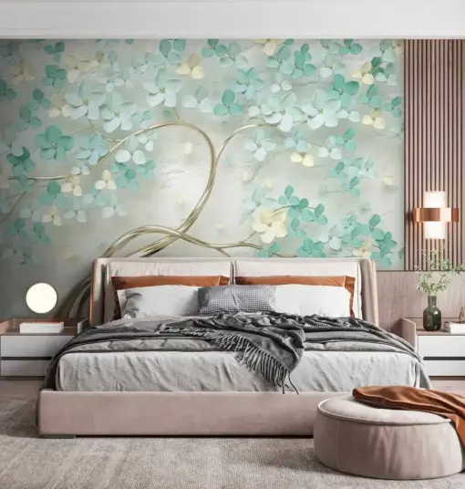 Dormitor modern Tapetul 3D Copac Auriu cu Flori Turcoaz
