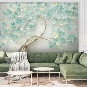 Sufragerie cu canapea Tapet 3D Copac Auriu cu Flori Turcoaz