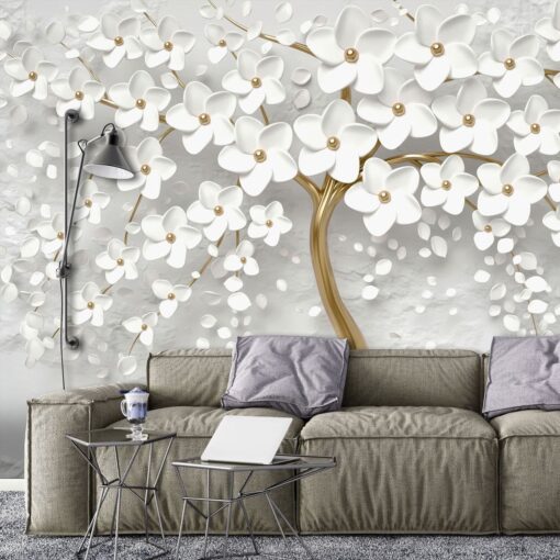 Fototapet abstract cu flori albe in copac auriu