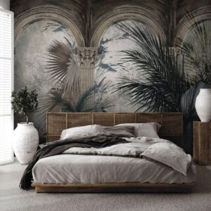 Tapet palmieri - Fototapet pentru dormitor Frunze Tropicale Printre Coloane Vechi -