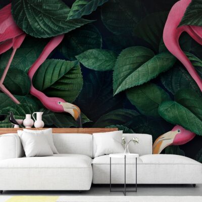 Fototapetul 'Flamingo în Frunze' aduce în casa ta o notă de exotism și eleganță cu o imagine ce surprinde un flamingo înconjurat de frunze tropicale.
