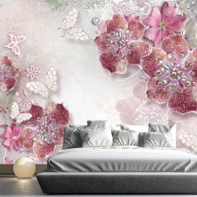 Fototapetul "Flori Model Bijuterie Roz" adaugă un strop de eleganță și rafinament în spațiul tău de locuit. Cu un design ce combină delicat florile cu elemente de bijuterie în nuanțe de roz, acest decor emană o atmosferă luxoasă și feminină.